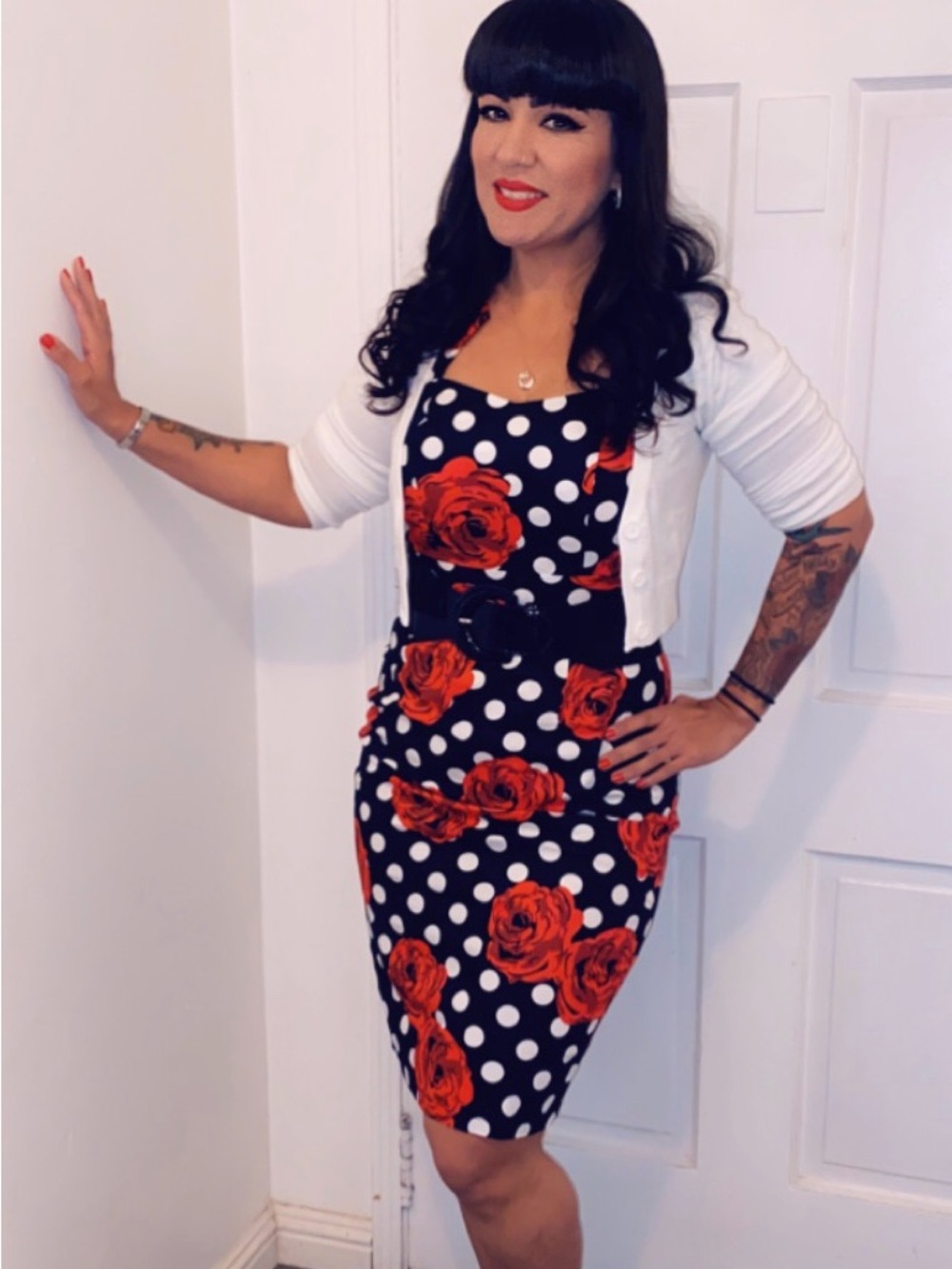 Grace Karin Black White Polka Dot Dress with Red Rose Print